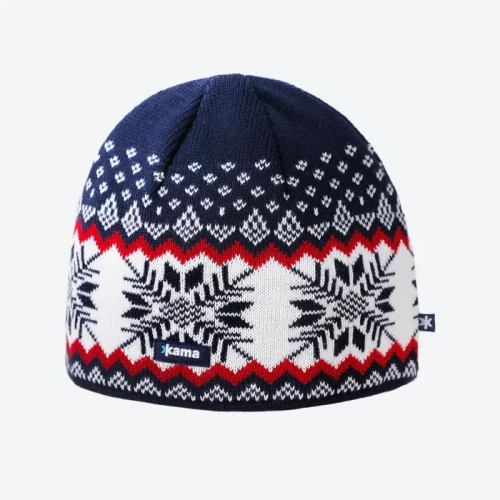 Lekka czapka z wełny Merino z tradycyjnym wzorem skandynawskim Kama A137 granatowa