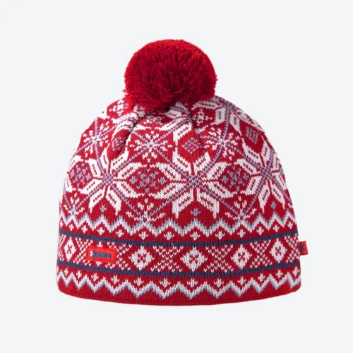 Ciepła czapka wełna Merino 100%, wzór skandynawski AW06- czerwona, rozm. UNI