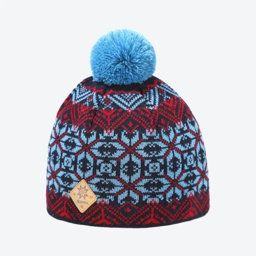 Czapka outdorowa i miejska z Kama K65-108 kolorowy wzór i pompon, wełna Merino 50%, granatowa